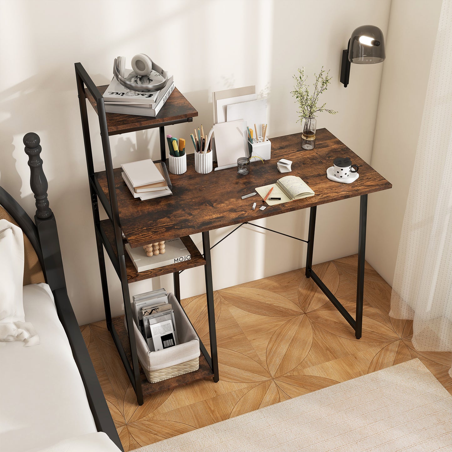 Home Office Desk with Bookshelf and Host Stand-Brown
