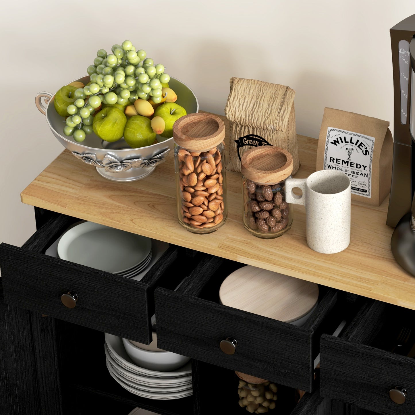 HOMCOM Sideboard with Rubberwood Top and Adjustable Shelves for Dining Room, Kitchen - Black Wood-Effect