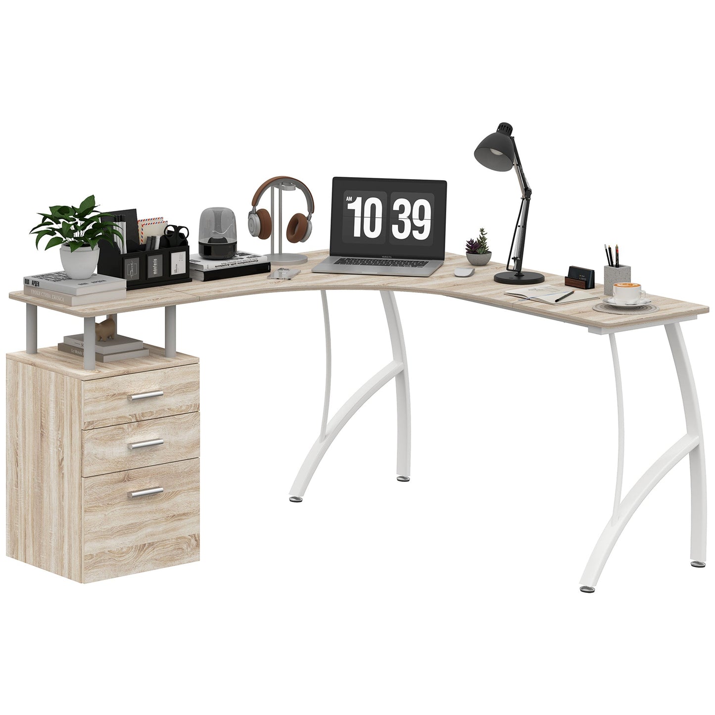 HOMCOM L-kształtny stół komputerowy z szufladą do przechowywania, biurko do domowego biura narożne w stylu industrialnym na pliki A4 143,5 x 143,5 x 76 cm, dąb