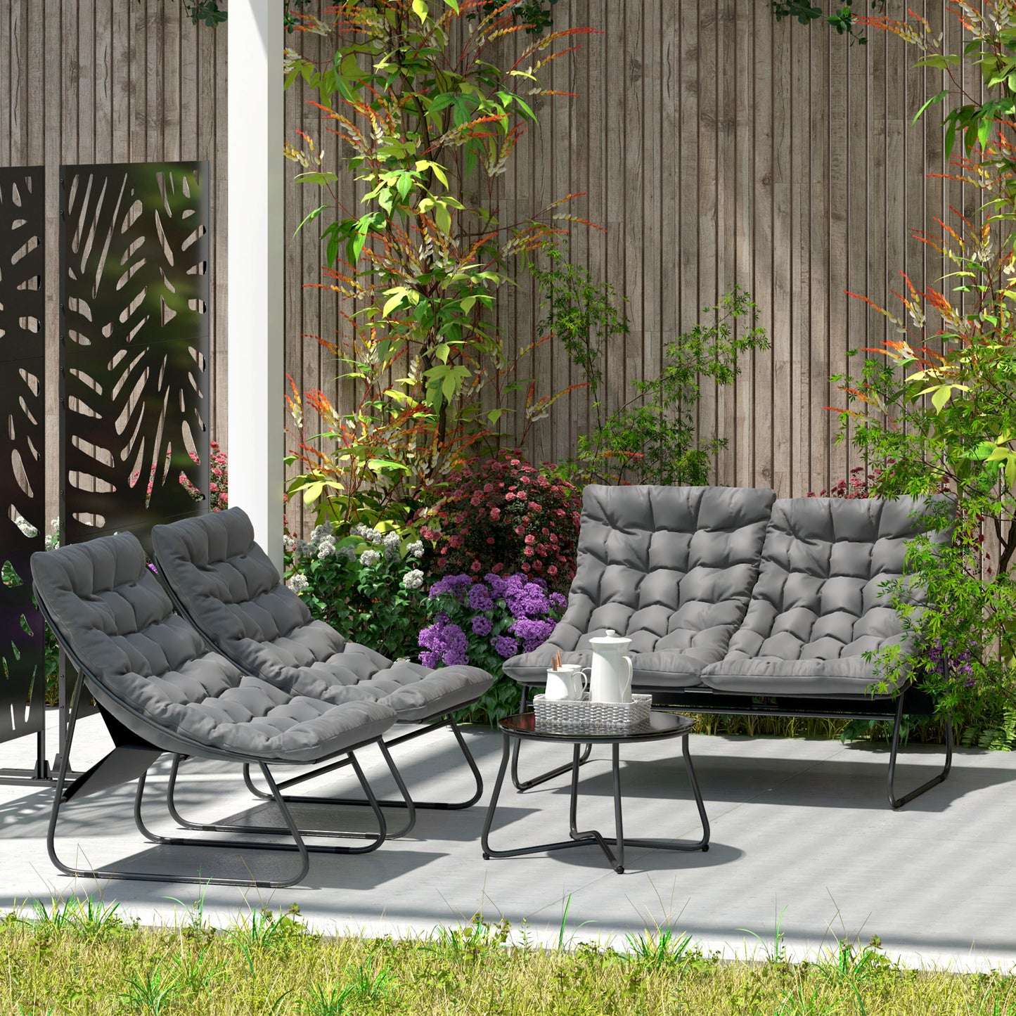 Outsunny 4 Seater Garden Furniture Set, Conversation Set with Loveseat Sofa, Chairs, Glass Coffee Table, Thick Cushions, Steel Outdoor Sofa for Balcony, Poolside, Conservatory, Grey