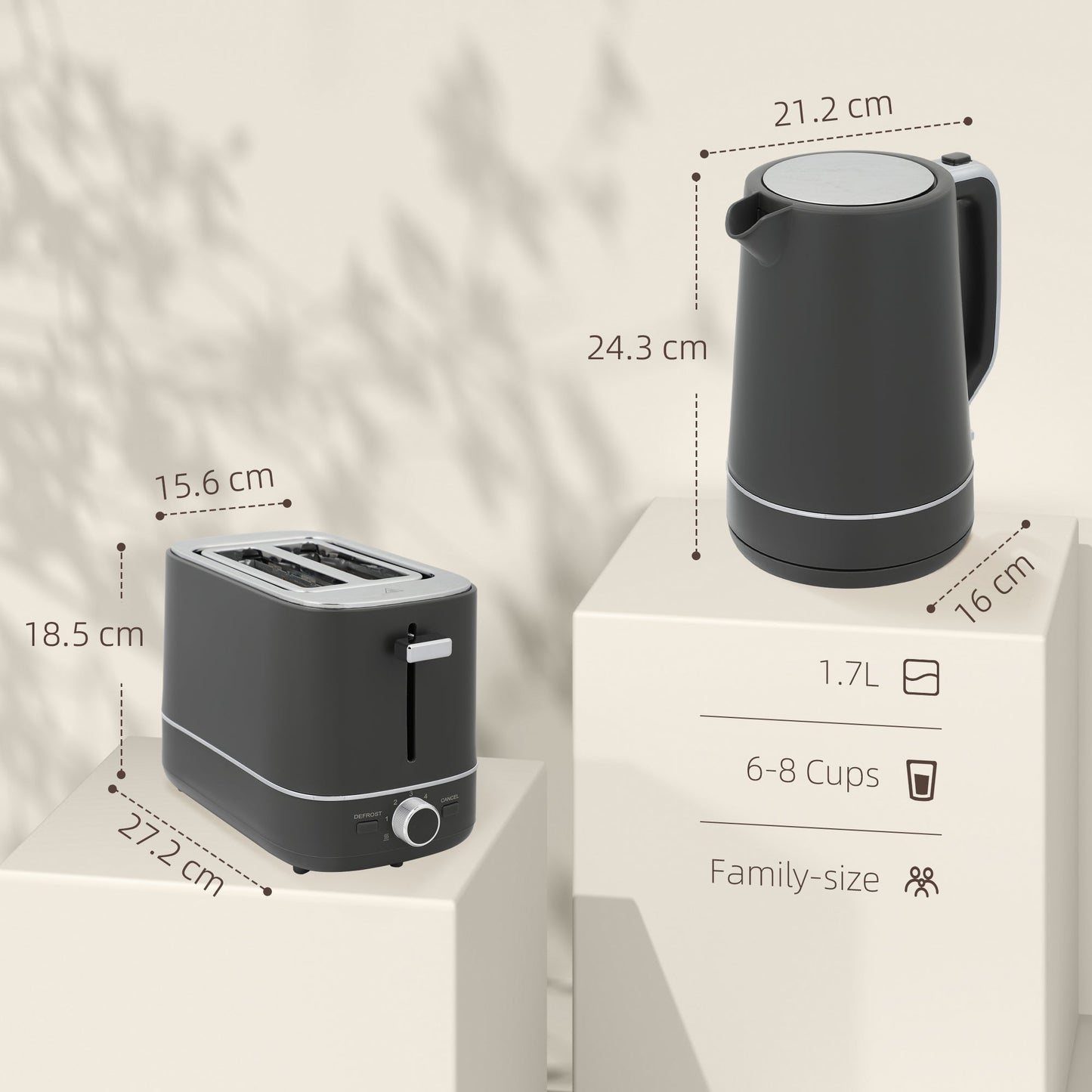 Zestaw czajnika i tostera HOMCOM, czajnik 1,7 l 3000 W do szybkiego gotowania i toster na 2 kromki, zestaw kuchenny z 6 poziomami sterowania, rozmrażaniem, podgrzewaniem, szary