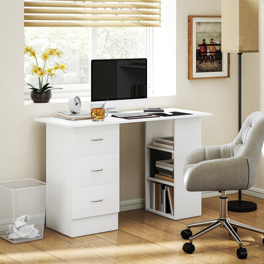 HOMCOM Computer Desk, Writing Table, PC Workstation with 3 Storage Shelves and Drawers, Silver Handle, for Home Office, White