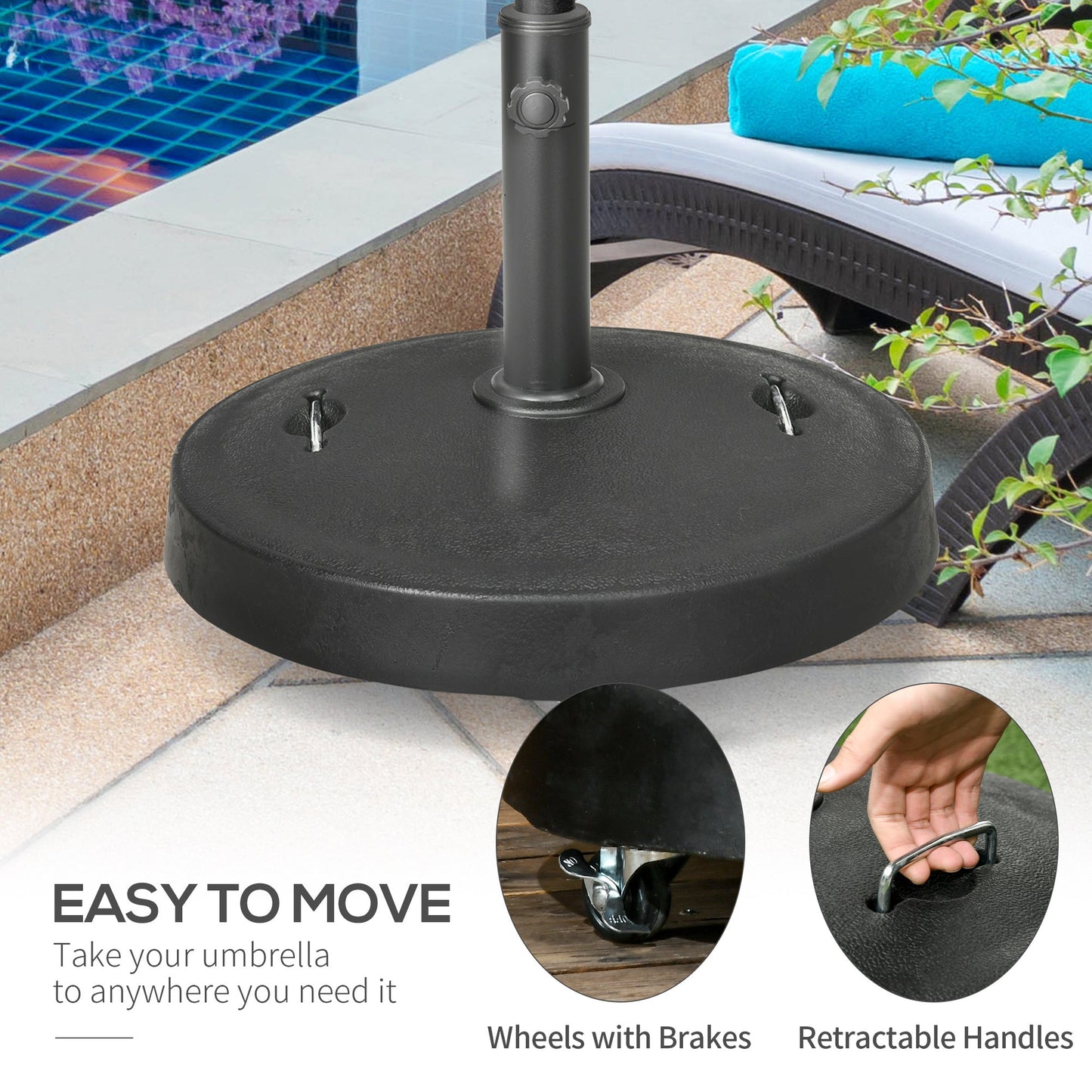 Outsunny 23.5kg Resin Garden Parasol Base with Wheels and Retractable Handles, Round Outdoor Market Umbrella Stand Weight for Poles of _38mm to _48mm, Black