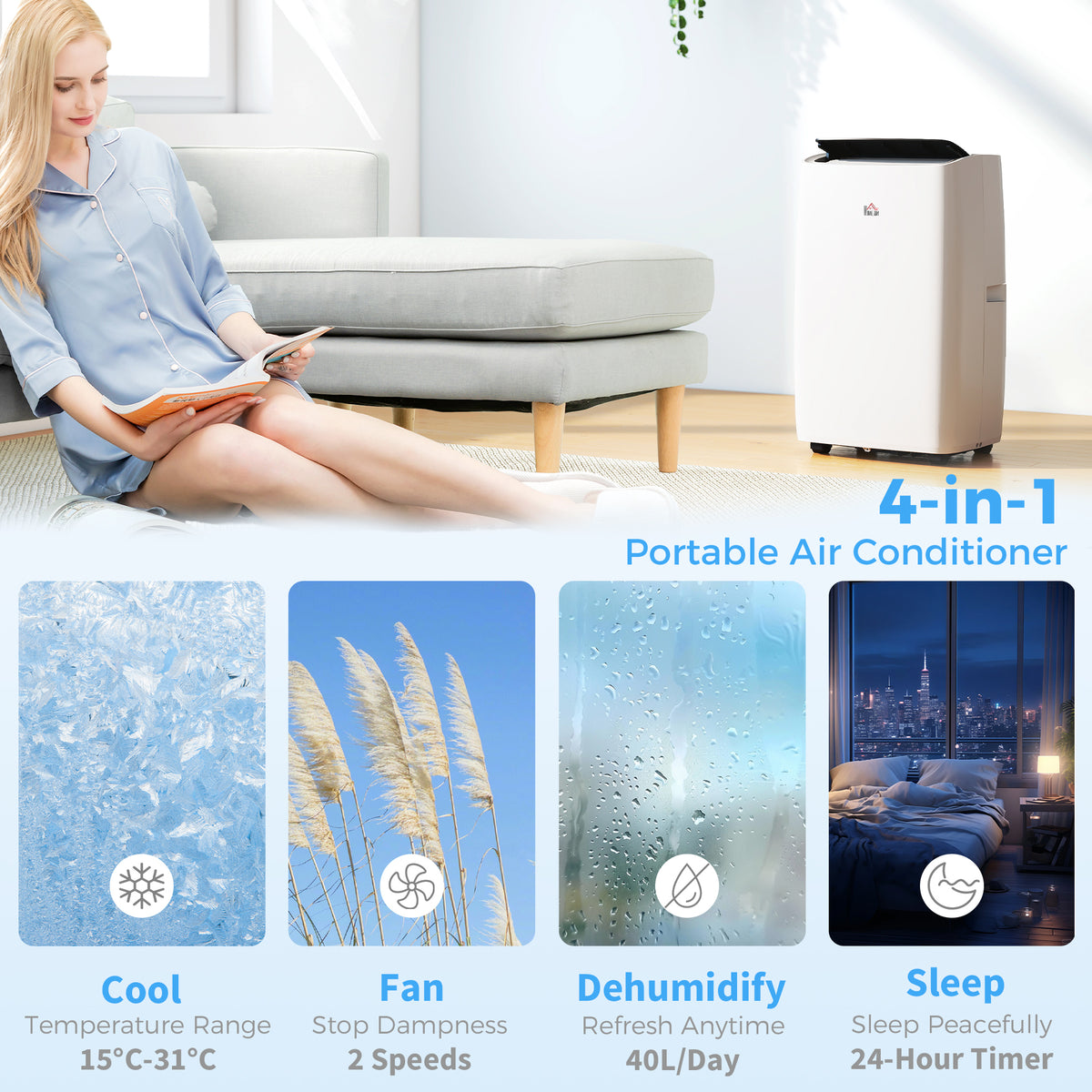 HOMCOM Portable Air Conditioner 12000 BTU BTU, 4-in-1 Air Conditioning Unit, Dehumidifier, Cooling, Fan, Child Lock, 40m²
