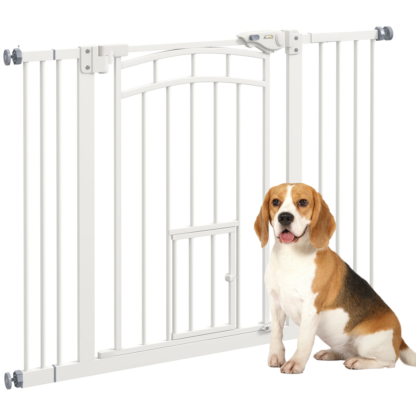 PawHut Pressure Fit Stair Dog Gate z drzwiczkami dla małych kotów, automatycznie zamykane drzwi, podwójna blokada, do otworów o szerokości 74-100 cm - biały