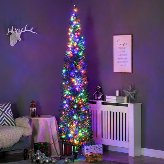 HOMCOM 7.5' Artificial Prelit Christmas Trees Holiday Decor with Colourful LED Lights, Pencil Shape, Steel Base