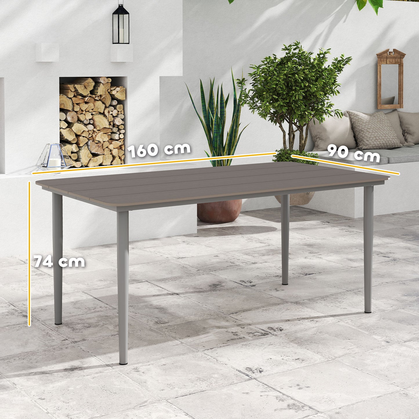 Stół ogrodowy Outsunny, stół jadalny na zewnątrz dla 6 osób, 160 x 90 x 74 cm, z odporną na rdzę metalową ramą, blatem WPC, na balkon, taras, ciemnoszary