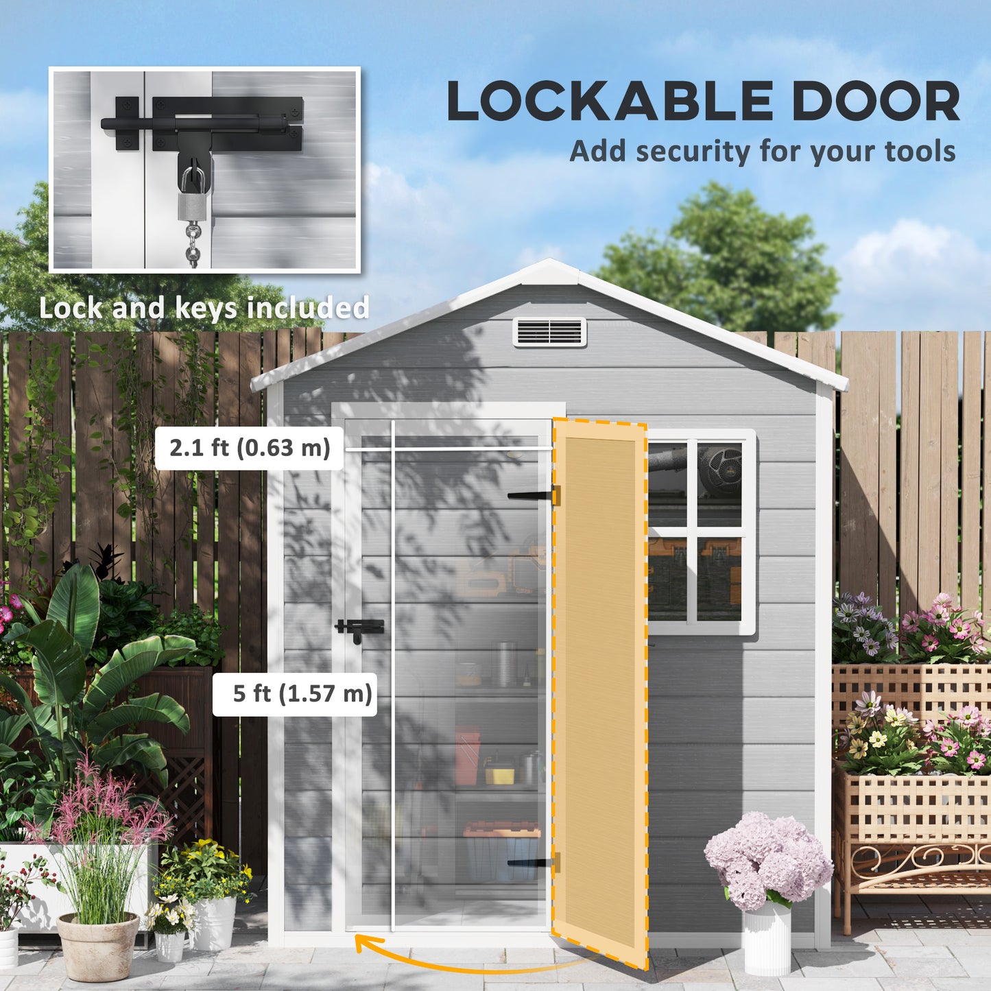 Outsunny 6 x 4ft Garden Shed, plastikowa szopa z podłogą, oknem, zamykanymi drzwiami i otworami wentylacyjnymi, imitacja drewna, szopa narzędziowa z żywicy na zewnątrz, szara