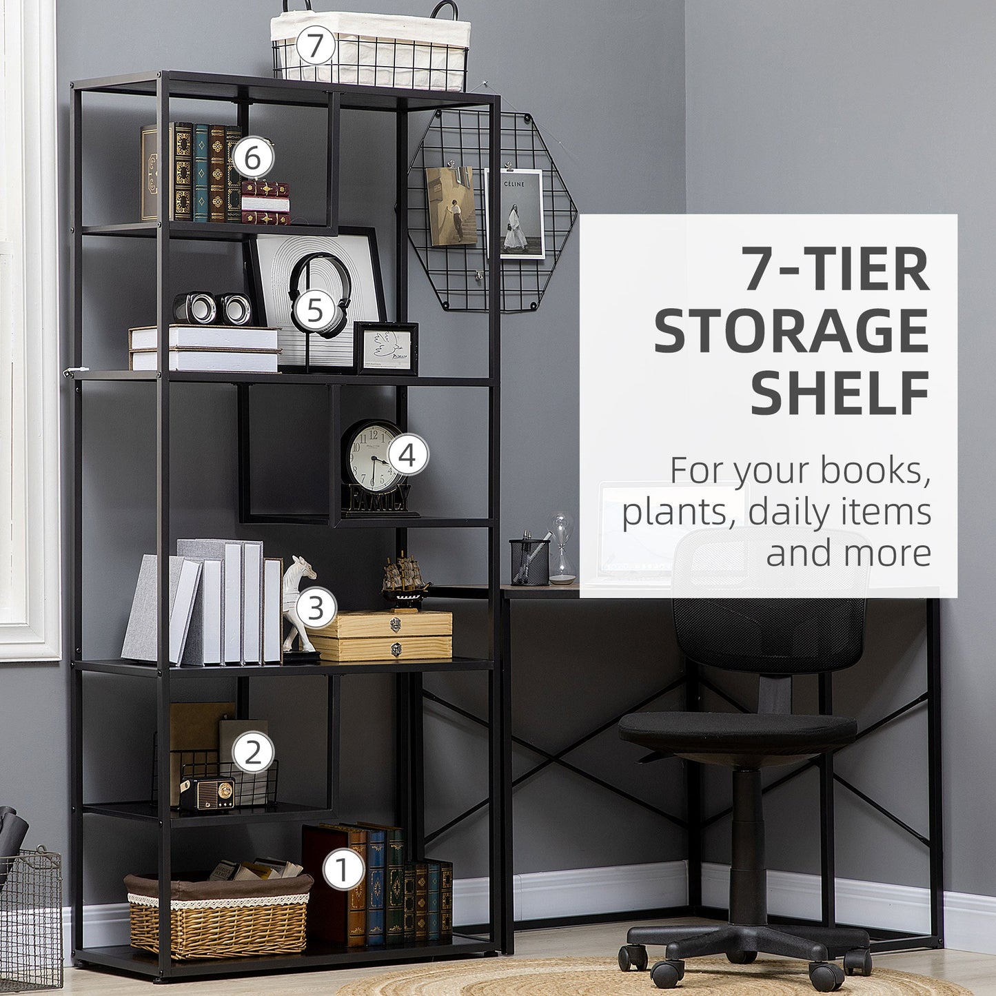 HOMCOM Industrial Accent Display Rack 7 Tier Bookcase, Display Rack for Living Room, Office, Bedroom, Black