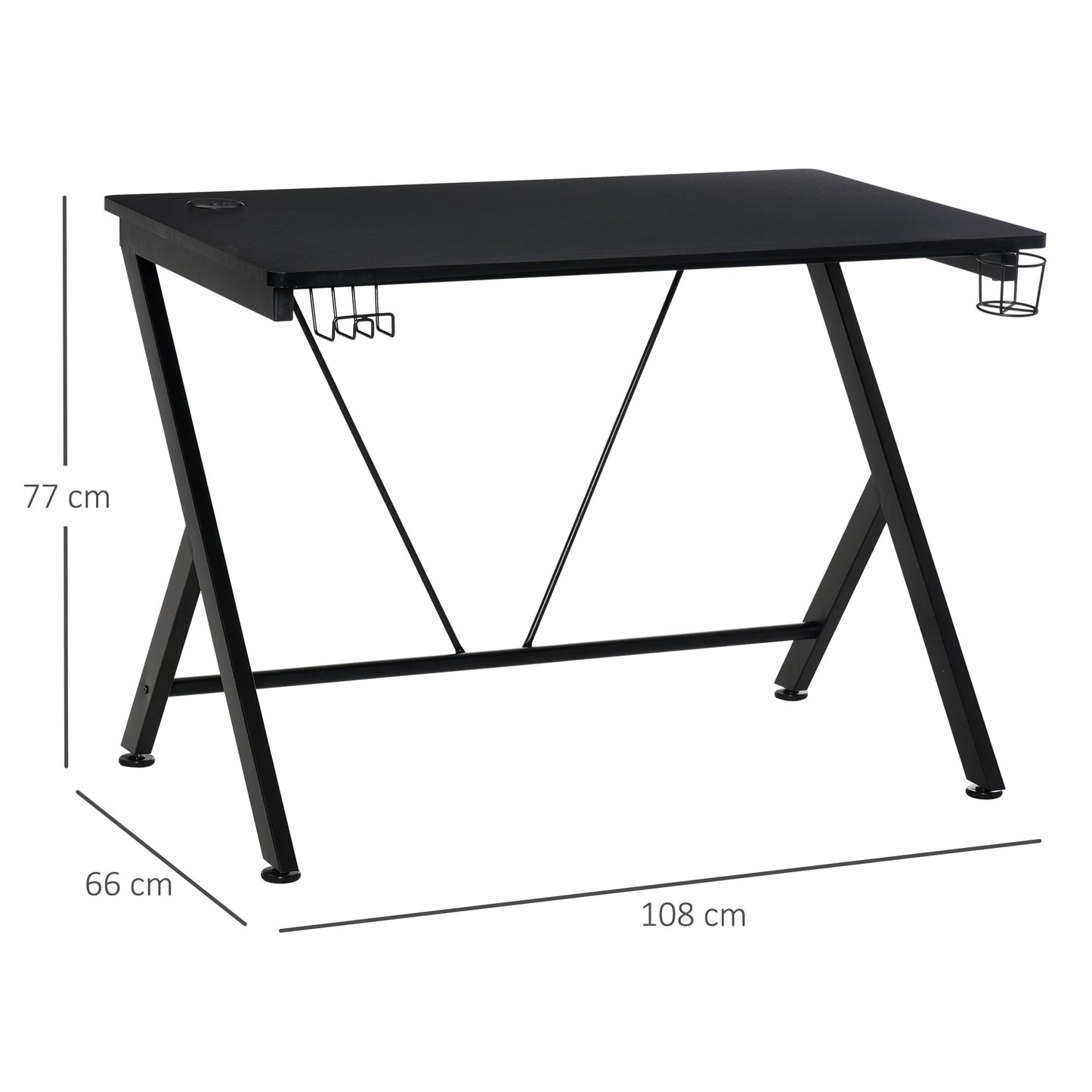 Biurko gamingowe HOMCOM, 108 x 66 cm, metalowa rama stołu komputerowego z uchwytem na kubek, haczykiem na słuchawki, otworem na kabel, do małych przestrzeni, czarne