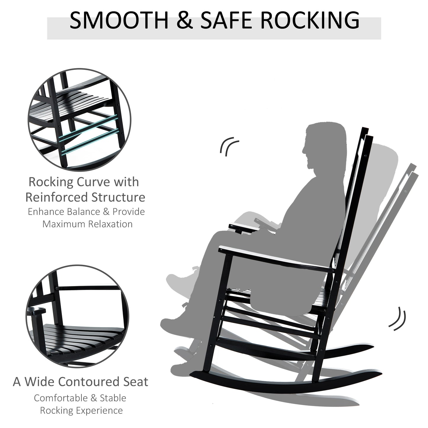 Outsunny Outdoor Porch Rocking Chair Fotel Drewniany Patio Rocker Balkon Taras Ogród Siedzisko Czarny