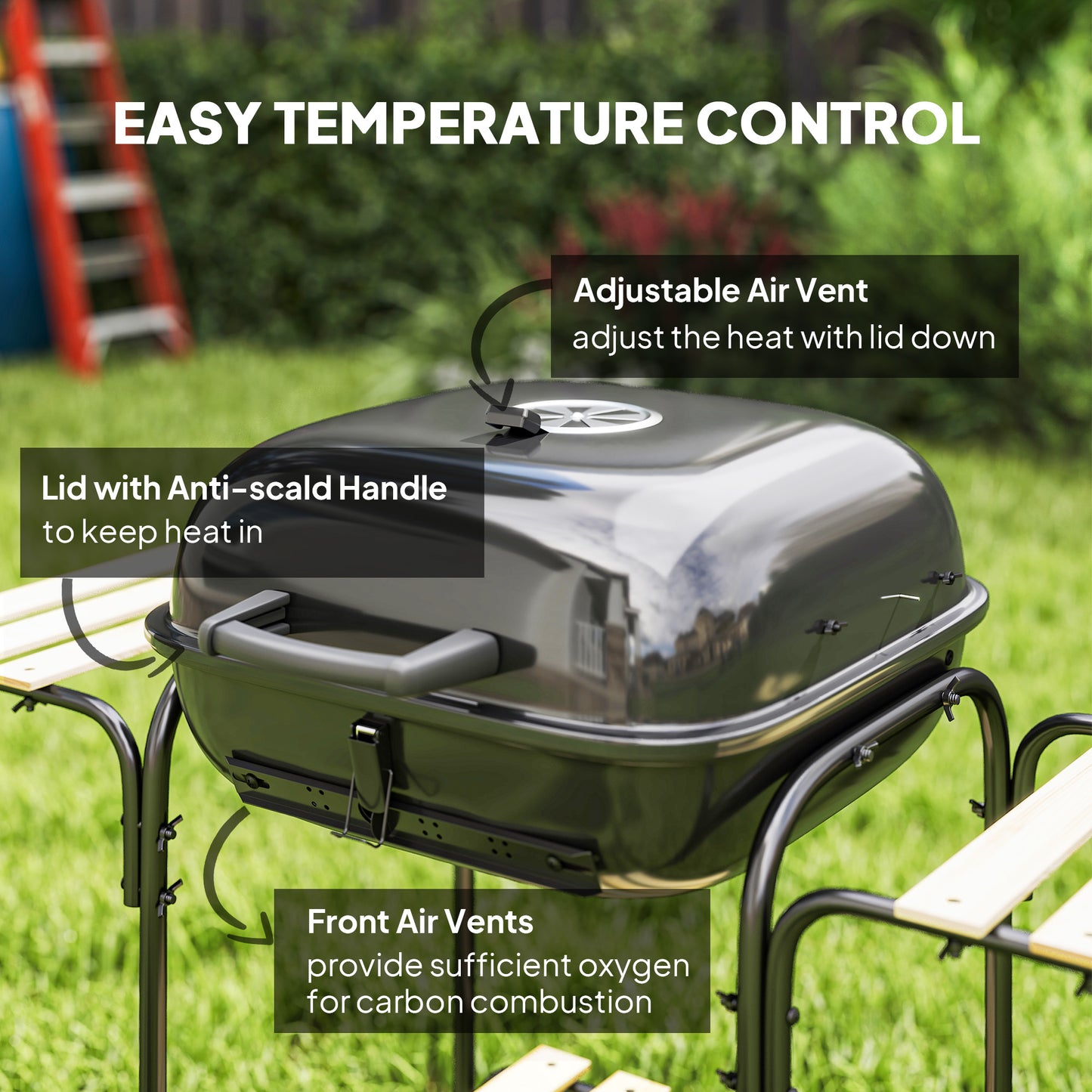 Grill węglowy Outsunny przenośny grill BBQ o powierzchni do gotowania 1840 cm√Ǭ≤, 3 półki, regulowany otwór wentylacyjny, zamykana pokrywa, kółka do gotowania na świeżym powietrzu, przyjęcie ogrodowe, czarny