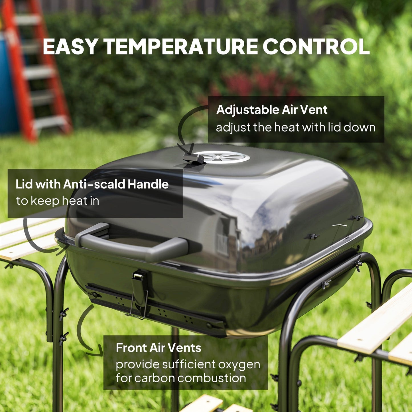 Outsunny Charcoal Barbecue Grill Portable BBQ Grill with 1840 cm² Cooking Area, 3 Shelves, Adjustable Vent, Lockable Lid, Wheels for Outdoor Cooking, Garden Party, Black