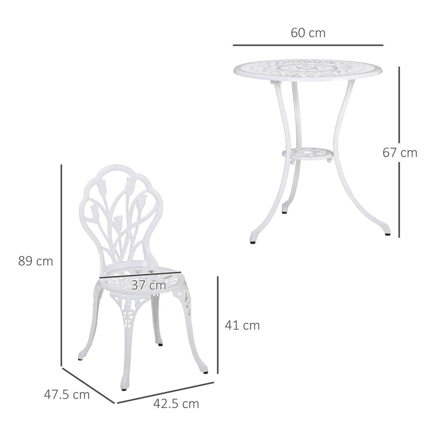 Zestaw ogrodowy Outsunny Patio Bistro dla 2 osób, 3-częściowy, aluminiowy stół ogrodowy i krzesła z otworem na parasol na balkon, biały