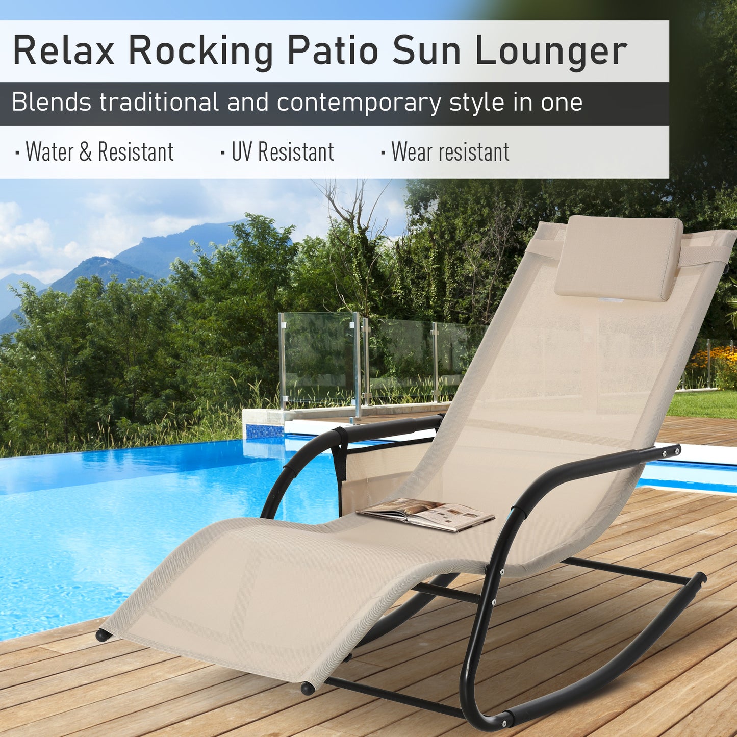 Outsunny 2PCs Outdoor Garden Rocking Chair, Patio Sun Lounger Rocker Chair z oddychającą siateczką, zdejmowana poduszka zagłówka, podłokietnik, boczna torba do przechowywania, kremowo-biały