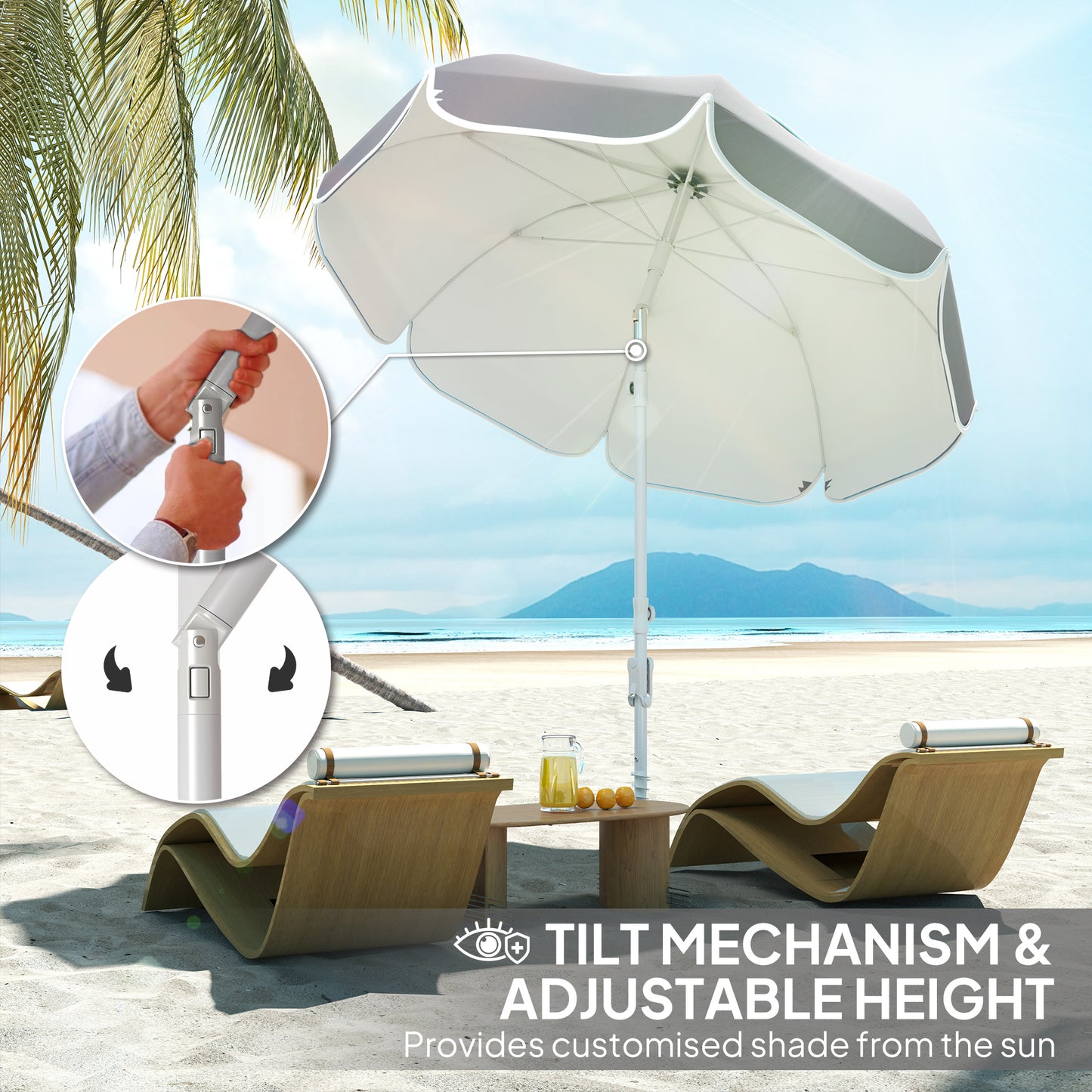 Outsunny Parasol plażowy przenośny z kotwicą piaskową, torbą transportową, regulowaną wysokością i nachyleniem, ochroną UV UPF50+, szary
