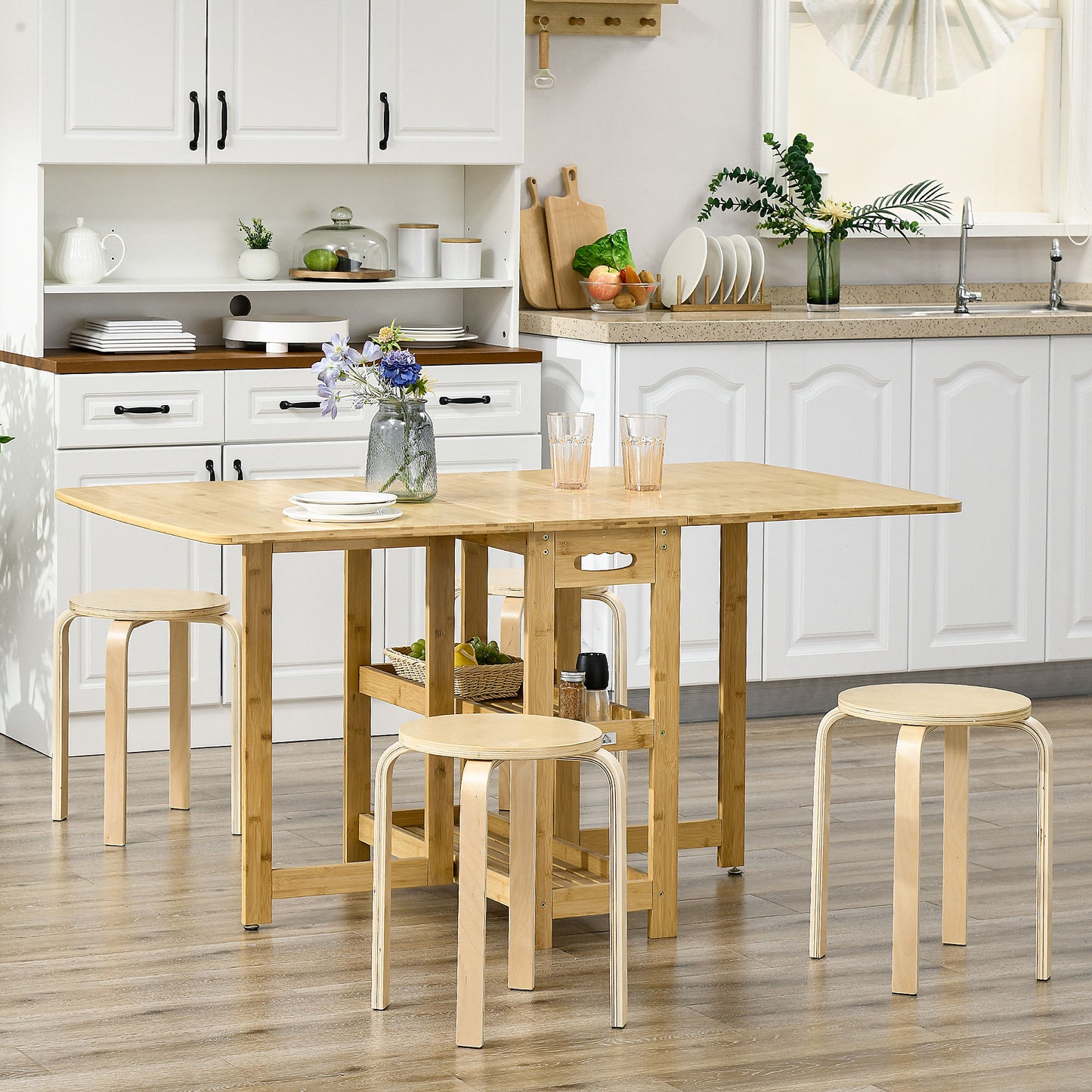 HOMCOM Stackable Stools Set of 4, Modern Stacking Chairs, Round Backless Stools for Kitchen, Dining Room, Office, Outdoors, Nature Wood Finish