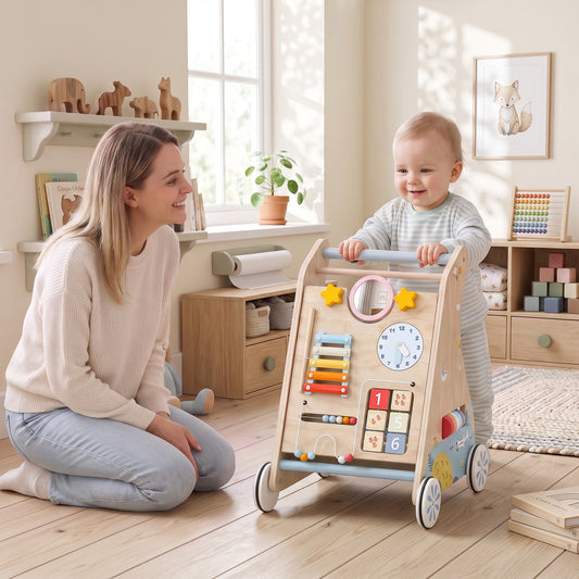 AIYAPLAY Wooden Baby Walker with Detachable Double-Sided Activity Board, Push Along Walker, Gift for Boys Girls 1-3 Years