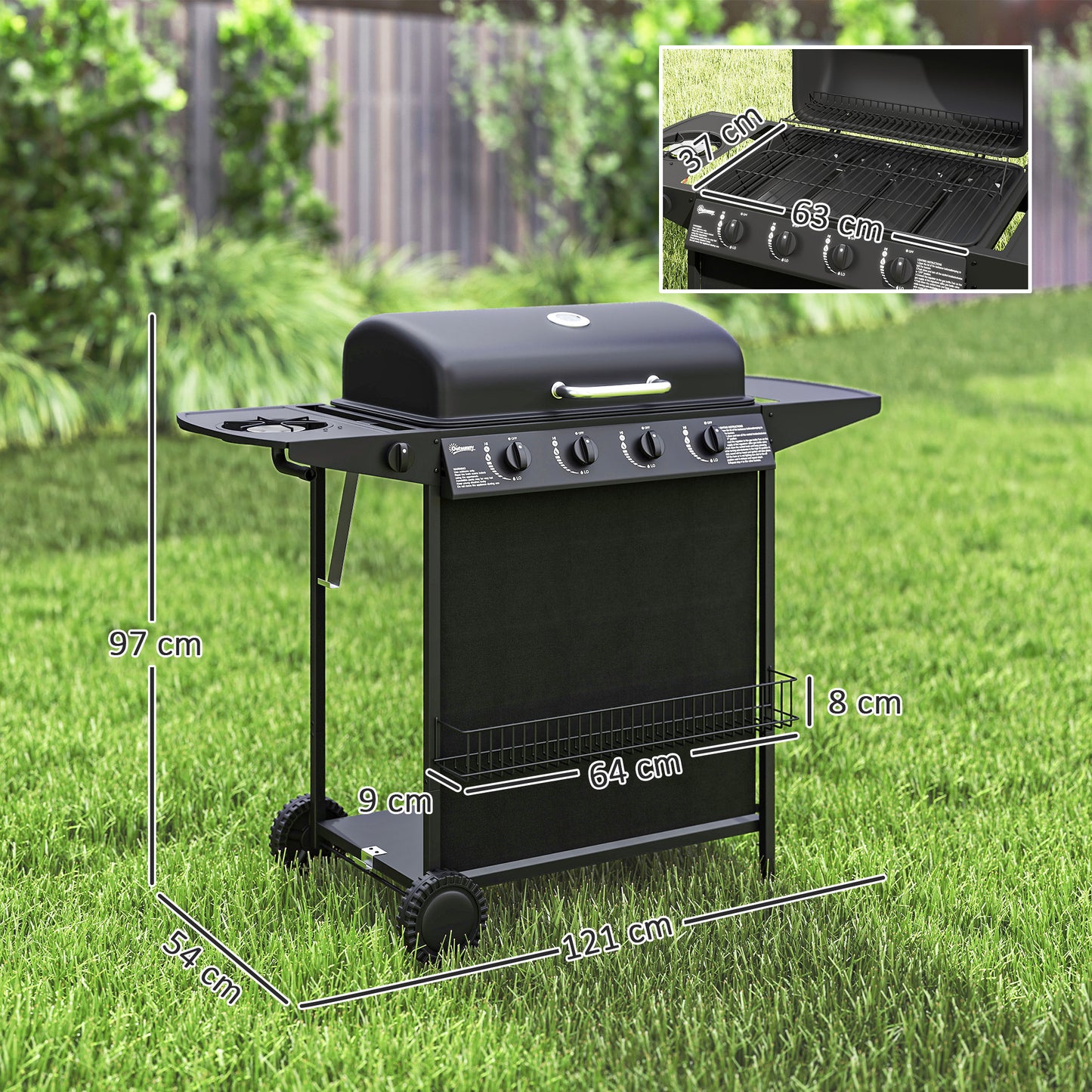 Outsunny 4+1 palnikowy grill gazowy, przenośny grill gazowy z wbudowanym termometrem, pokrywką, stolikiem bocznym, półką, stojakiem na przyprawy, kółkami, pojemnikiem na tłuszcz do gotowania na świeżym powietrzu na przyjęciu ogrodowym, czarny