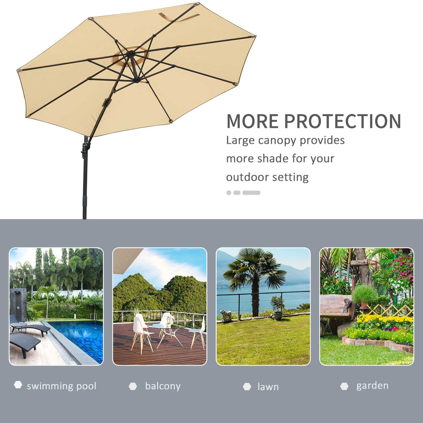 Outsunny Round Umbrella Parasol W/ Tilt 360° Rotation and Hand Crank Cross Base-Beige