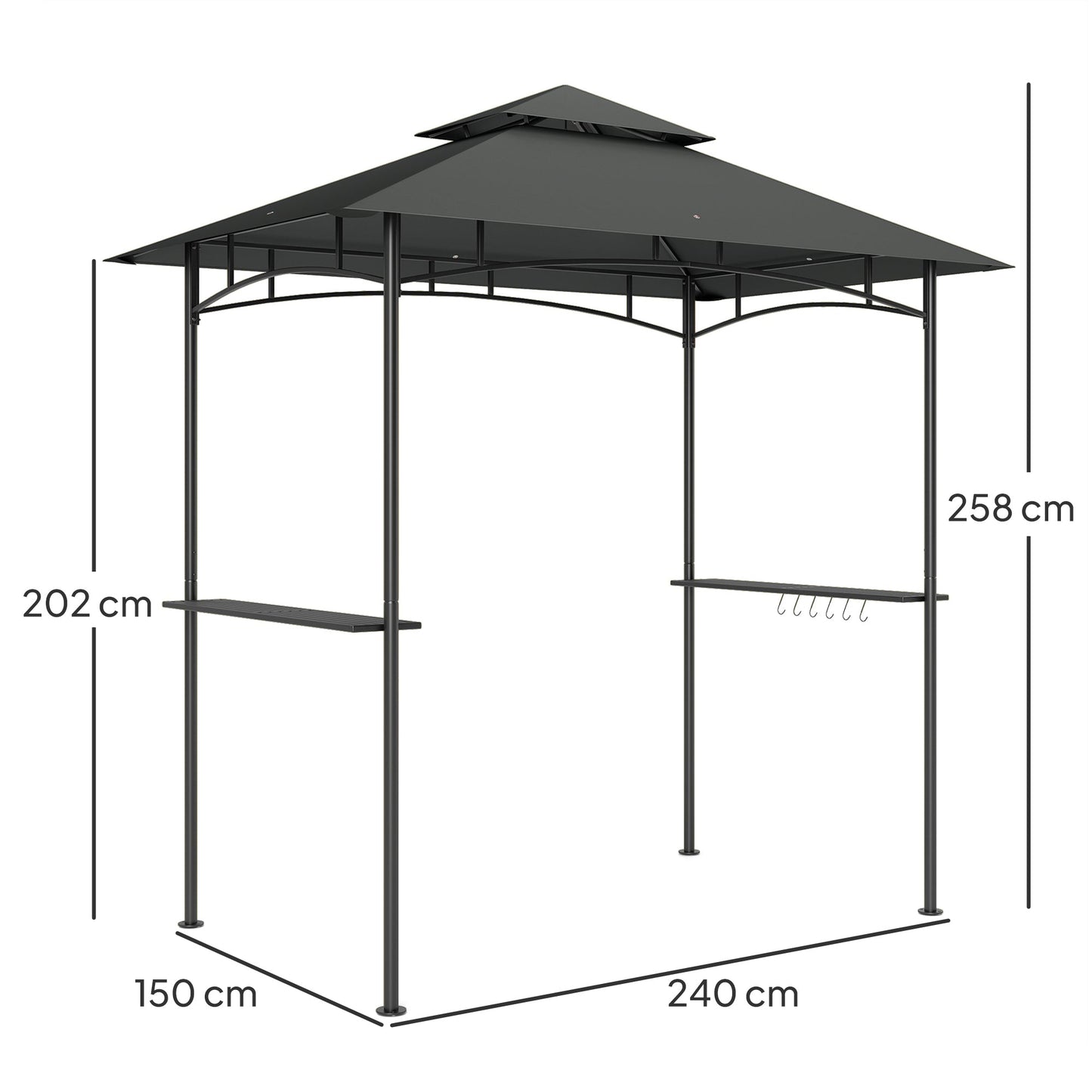 Altana grillowa Outsunny 8' x 5', dwupoziomowa altana grillowa z baldachimem i oświetleniem LED, 2 półki boczne, haczyki, ciemnoszary