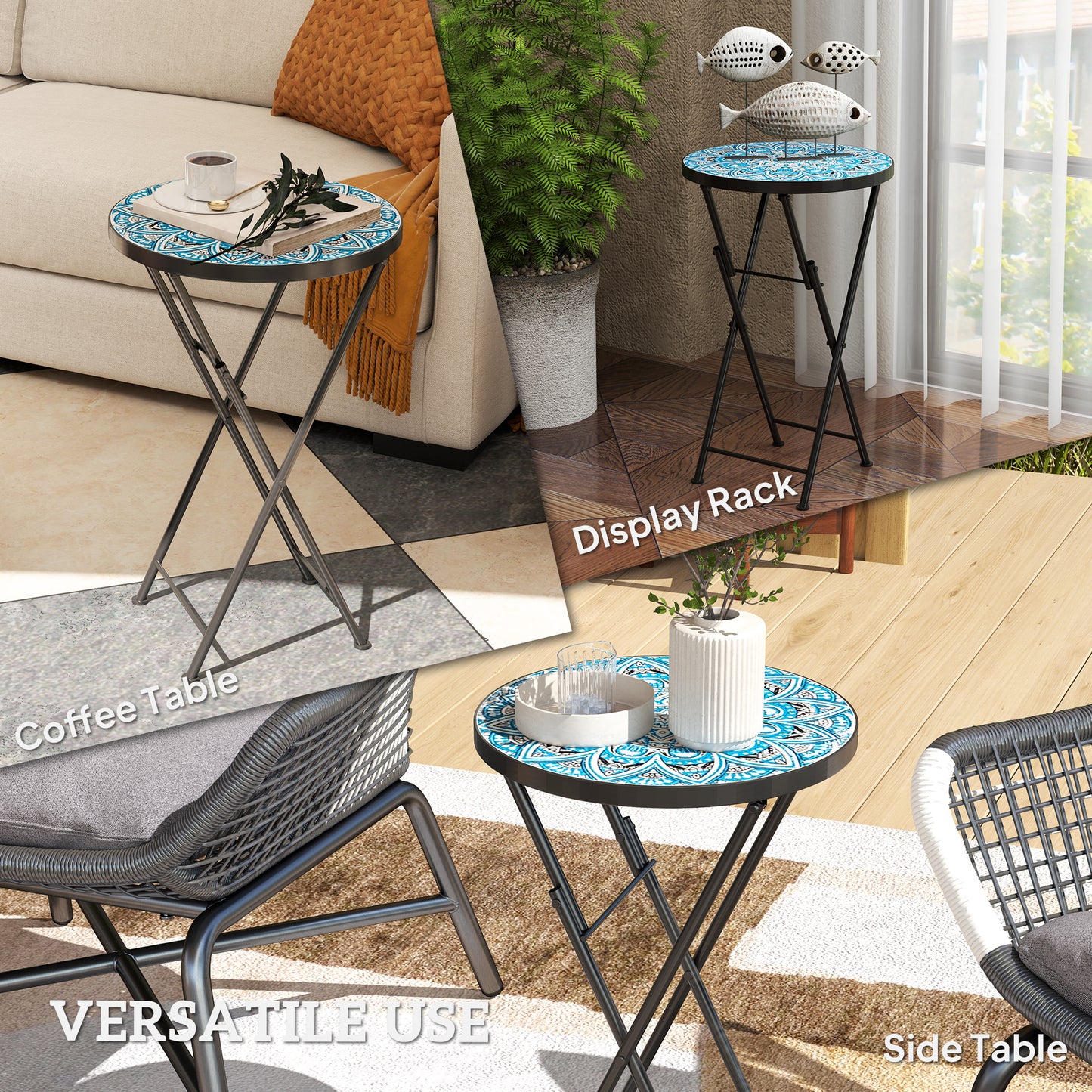 Outsunny Mosaic Outdoor Garden Table, 35.5cm Round Folding Coffee Table with Metal Frame for Balcony Terrace, Blue