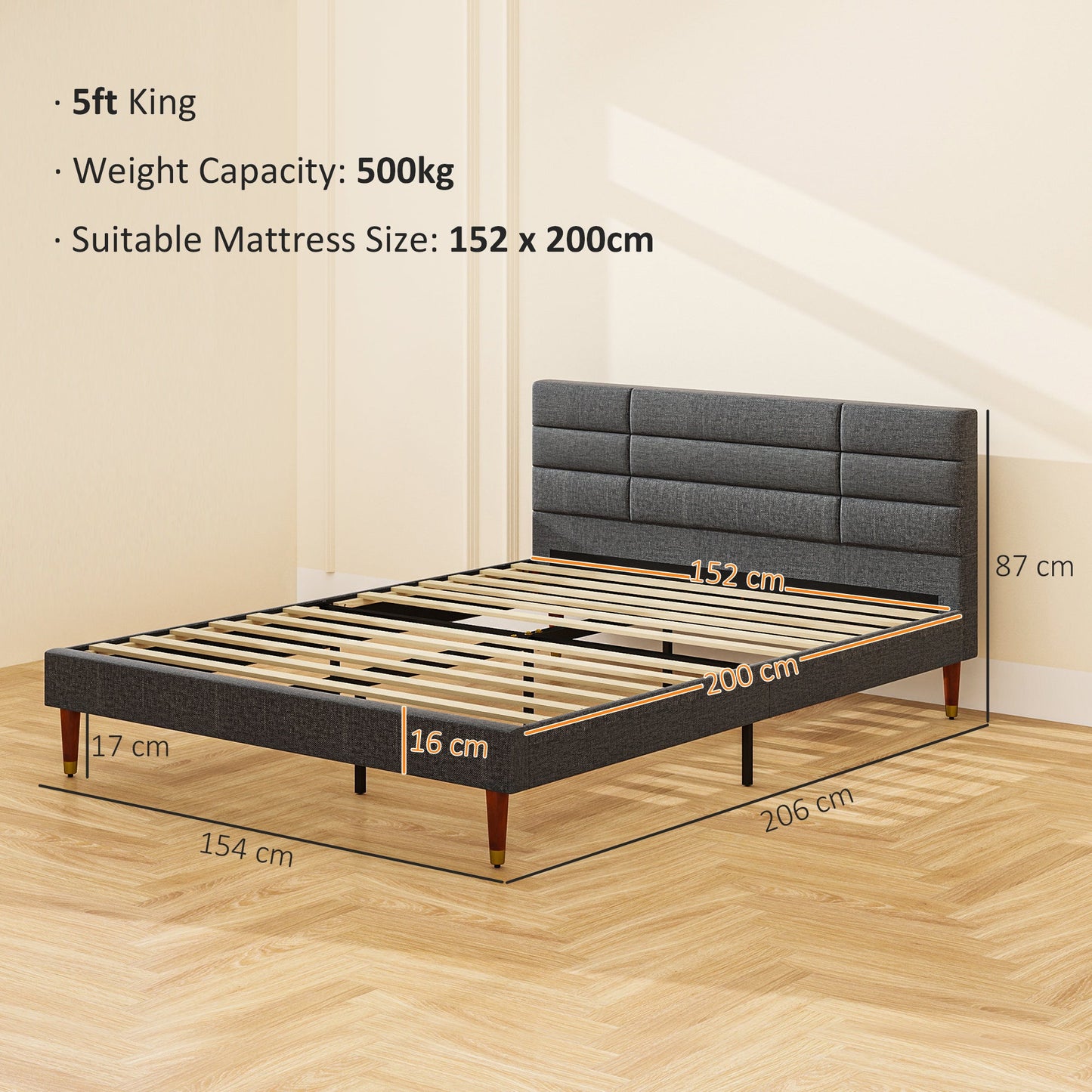 HOMCOM Upholstered King Bed Frame 154W x 206D x 87Hcm with Slats - Grey