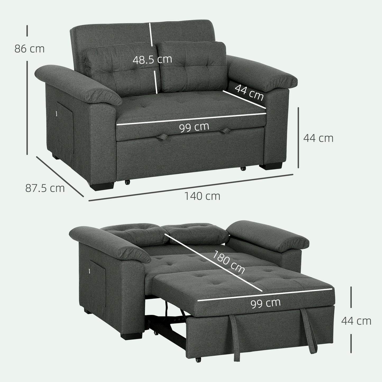 HOMCOM Pull Out Sofa Bed, Fabric 2 Seater Click Clack Sofa Bed Settee with 2 Pocket Springs, Convertible Sofa Couch with Pillows and Side Pockets for Living Room, Home Office, Charcoal Grey