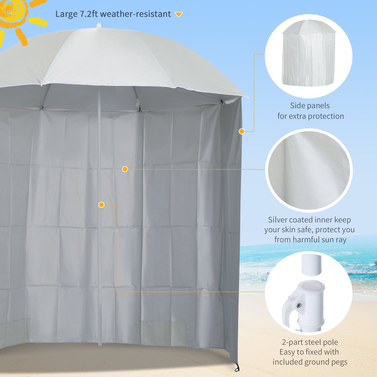 Outsunny 88" Arc 2.2M Fishing Umbrella Beach Parasol with Sides Brolly Shelter Canopy Shade with FREE Carry Bag Off-White
