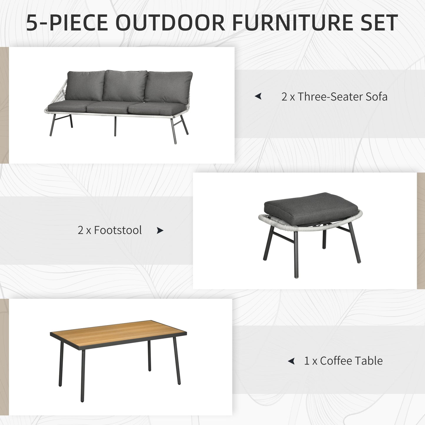 Zestaw mebli ogrodowych Outsunny 6 Seater z rattanu z sofą, podnóżkiem i stolikiem kawowym z drewna i plastiku, 193x72x75 cm, szary