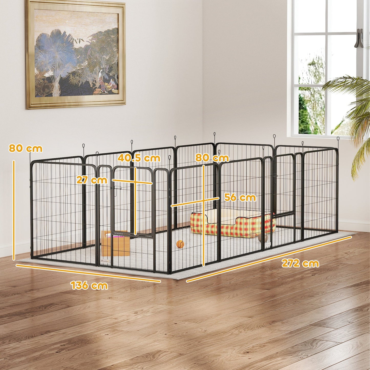 PawHut 12-panelowy, wytrzymały kojec dla psów z drzwiami, dla średnich psów, 80 cm wysokości, czarny