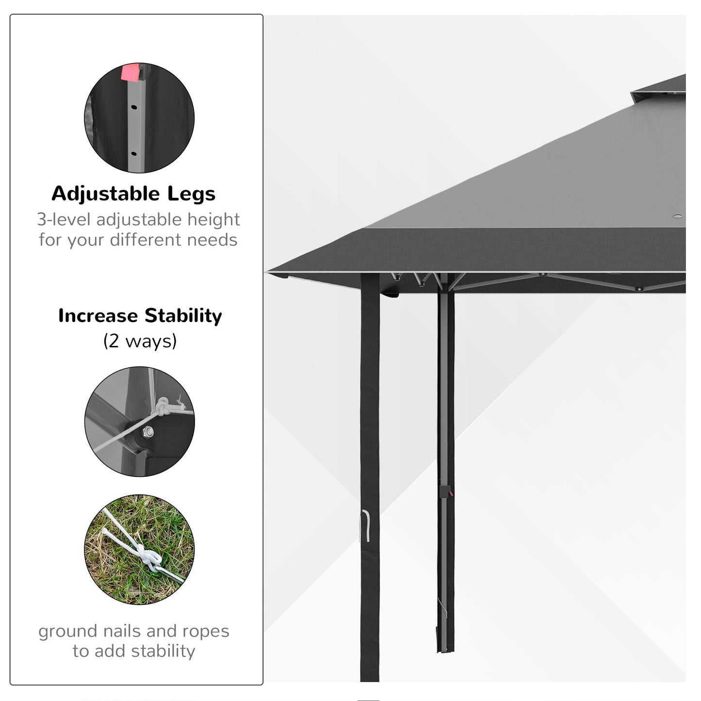 Outsunny 4 x 4m Pop-up Gazebo Double Roof Canopy Tent z ochroną UV, torbą na kółkach i 3-poziomową regulacją wysokości Outdoor Party, stalowa rama, szary