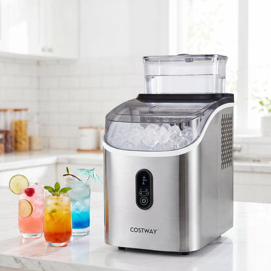 Ice Cube Maker Countertop w/ External Tank & Self-Cleaning 13 Thickness Levels-Silver