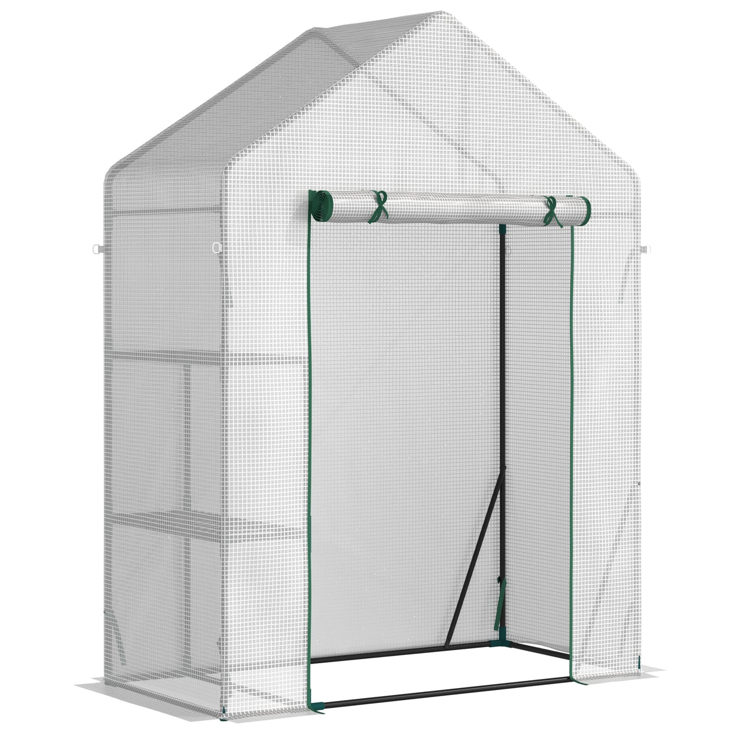 Outsunny Walk In Greenhouse z 2-poziomową półką, przenośna szklarnia do uprawy roślin z rolowanymi drzwiami z zamkiem błyskawicznym, wzmocniona osłona z PE, 143 x 73 x 195 cm, zielona