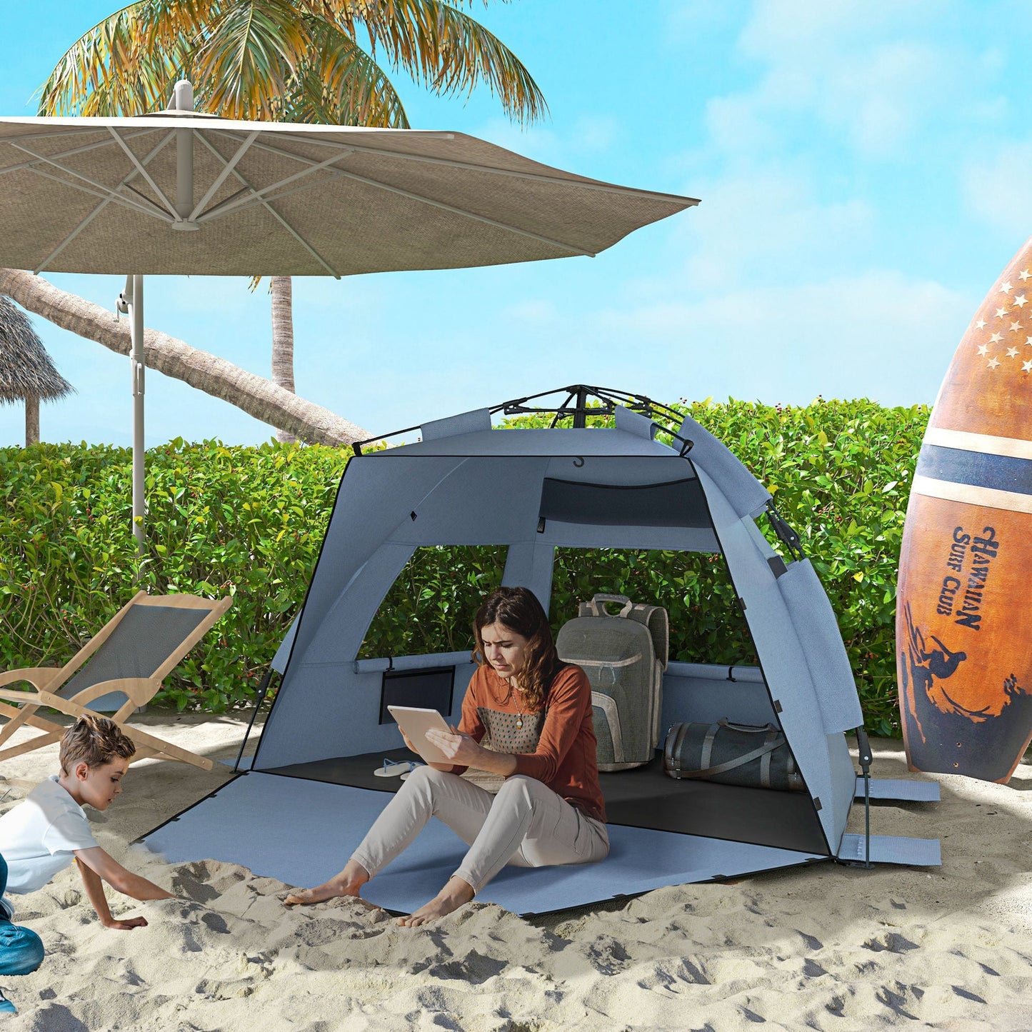 Outsunny 2-3 osobowy namiot plażowy typu pop-up, UPF15+, osłona przeciwsłoneczna z przedłużoną podłogą, worki z piaskiem, okna z siatki i torba transportowa, jasnoniebieski