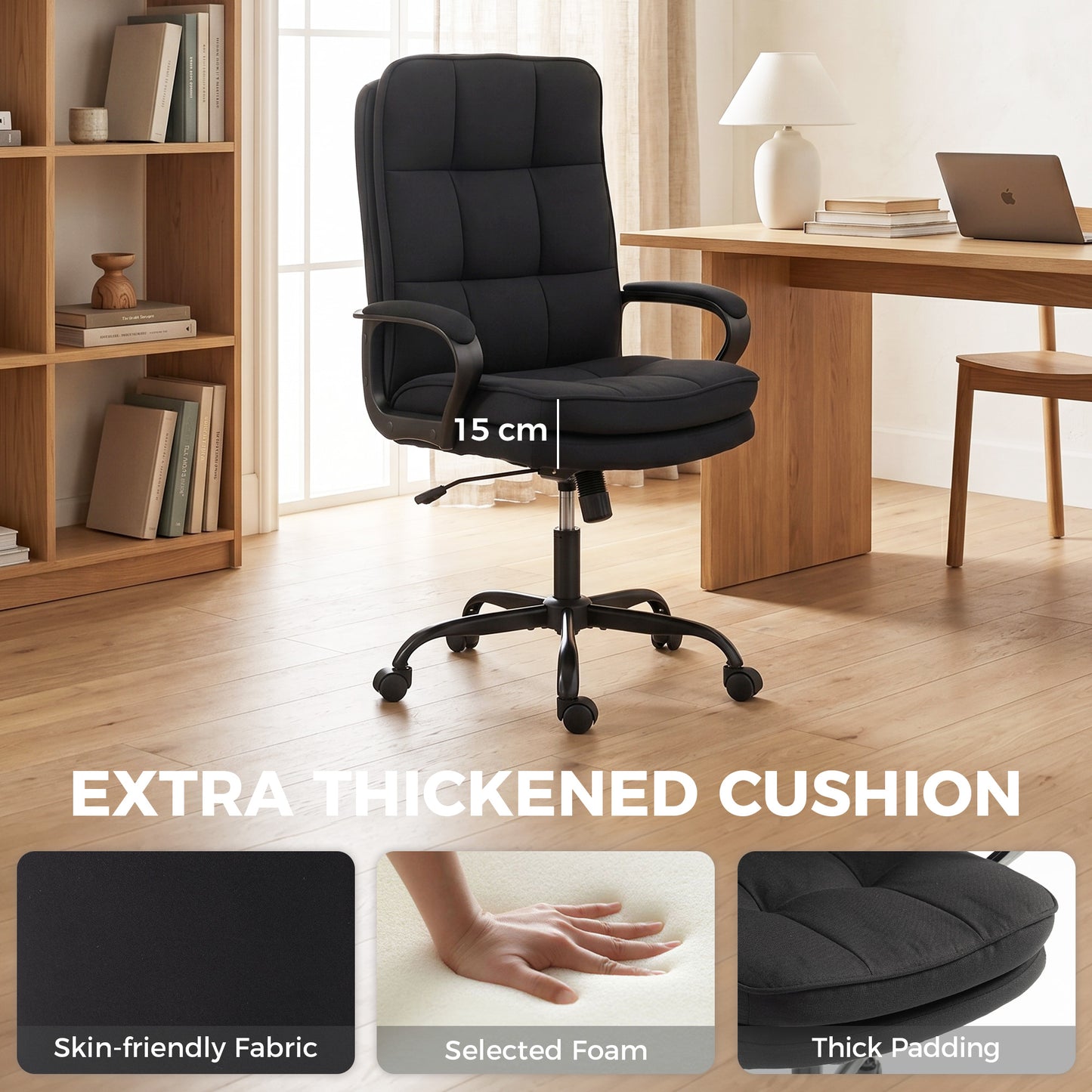 HOMCOM Double Padded Linen-Look Office Chair - Black