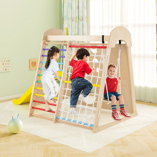 8-in-1 Indoor Jungle Gym Wooden Playground with Climbing Wall-Colourful