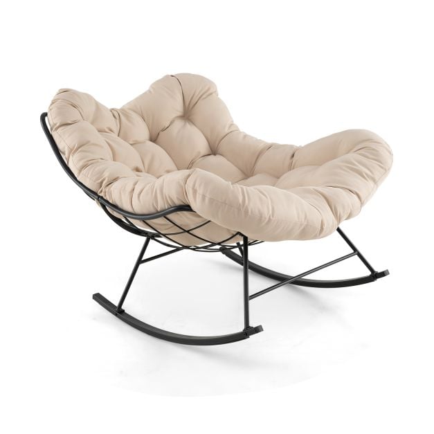 Oversized Papasan Patio Rocking Chair with Padded Cushion and Metal Frame-Beige