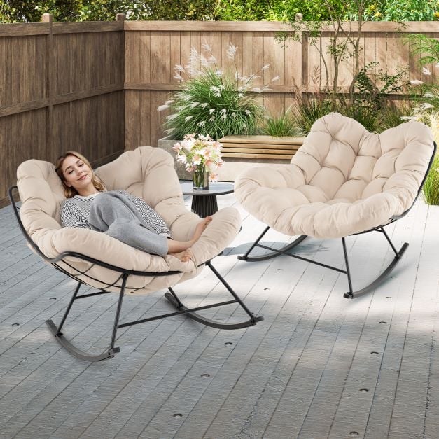 Oversized Papasan Patio Rocking Chair with Padded Cushion and Metal Frame-Beige