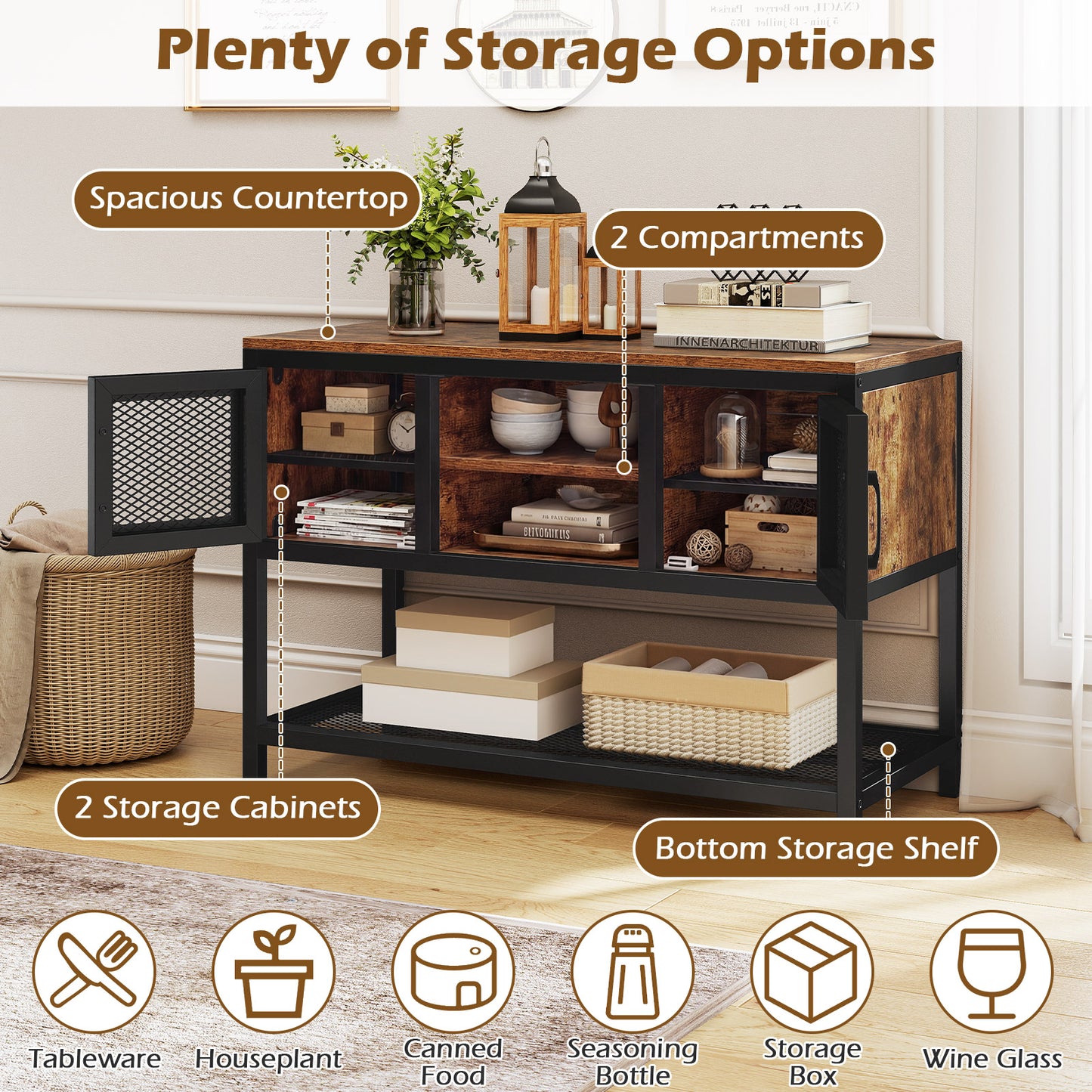 Industrial Entryway Table with Storage Sideboard Buffet Cabinet with 2 Metal Mesh Doors-Rustic Brown