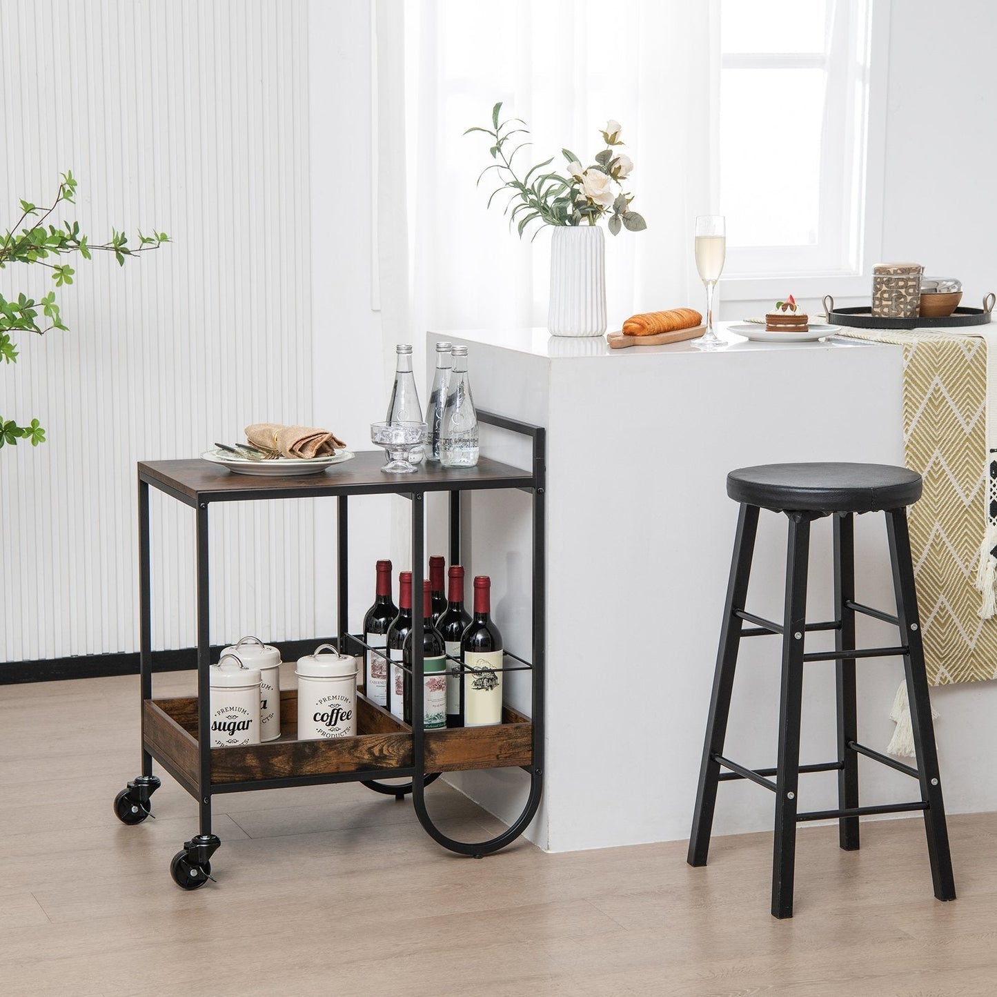 Rolling Buffet Serving Bar Cart with Removable Wine Rack-Rustic Brown