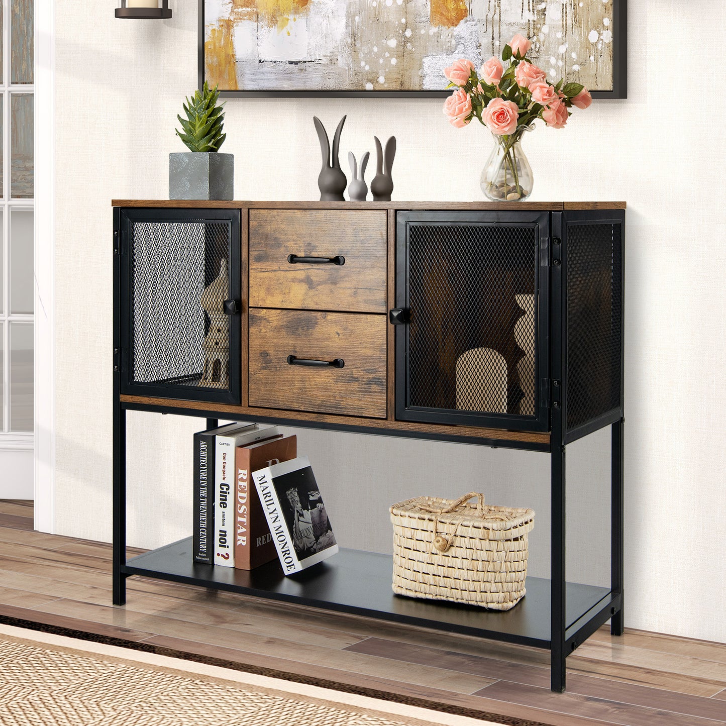 Industrial Buffet Sideboard Console Table with 2 Cabinets-Rustic Brown
