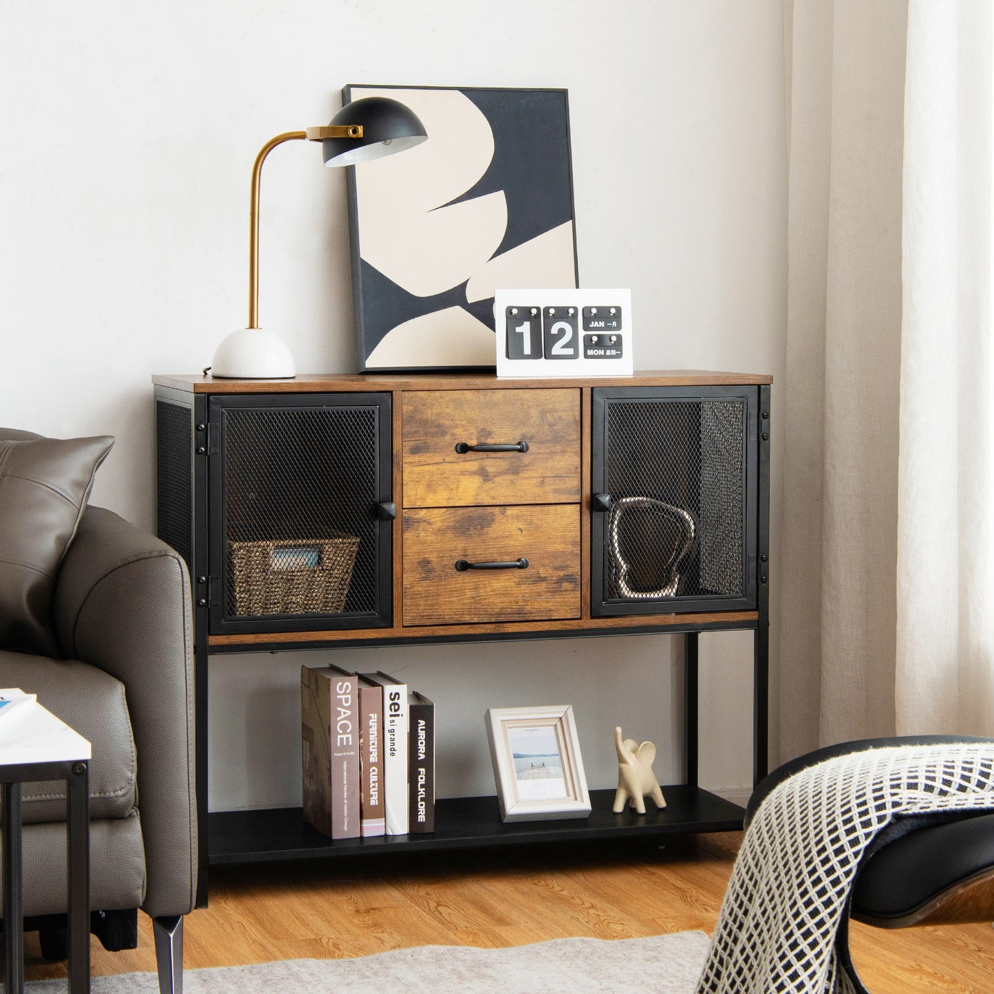 Industrial Buffet Sideboard Console Table with 2 Cabinets-Rustic Brown