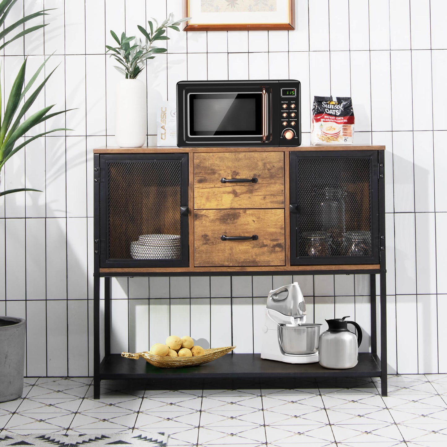 Industrial Buffet Sideboard Console Table with 2 Cabinets-Rustic Brown