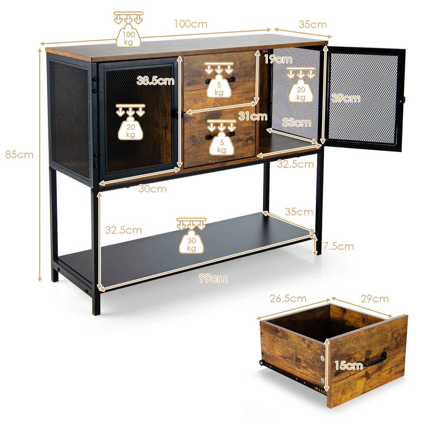 Industrial Buffet Sideboard Console Table with 2 Cabinets-Rustic Brown