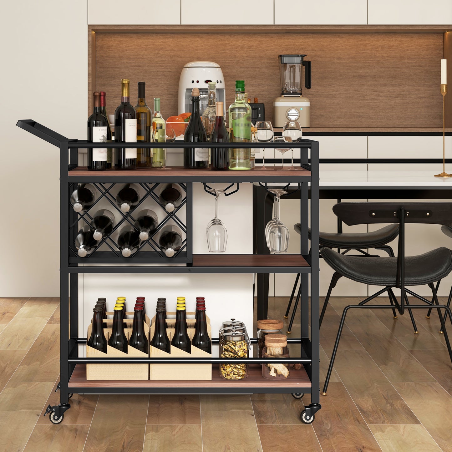 3-Tier Bar Cart Serving Cart w/Wine Racks and Glass Holders-Walnut
