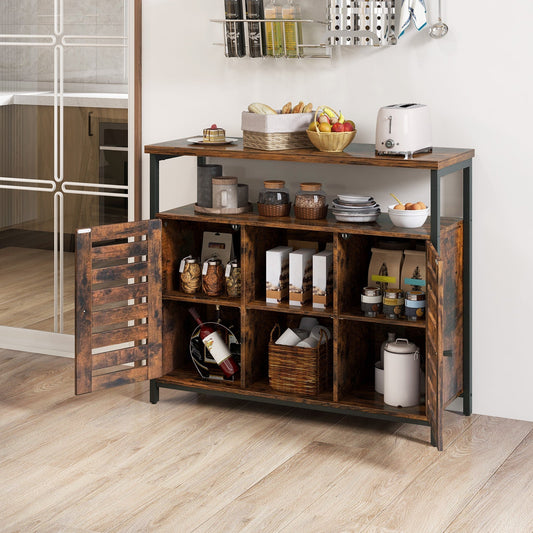 Sideboard Storage Cabinet with Slatted Door and 3 Adjustable Shelves-Rustic Brown