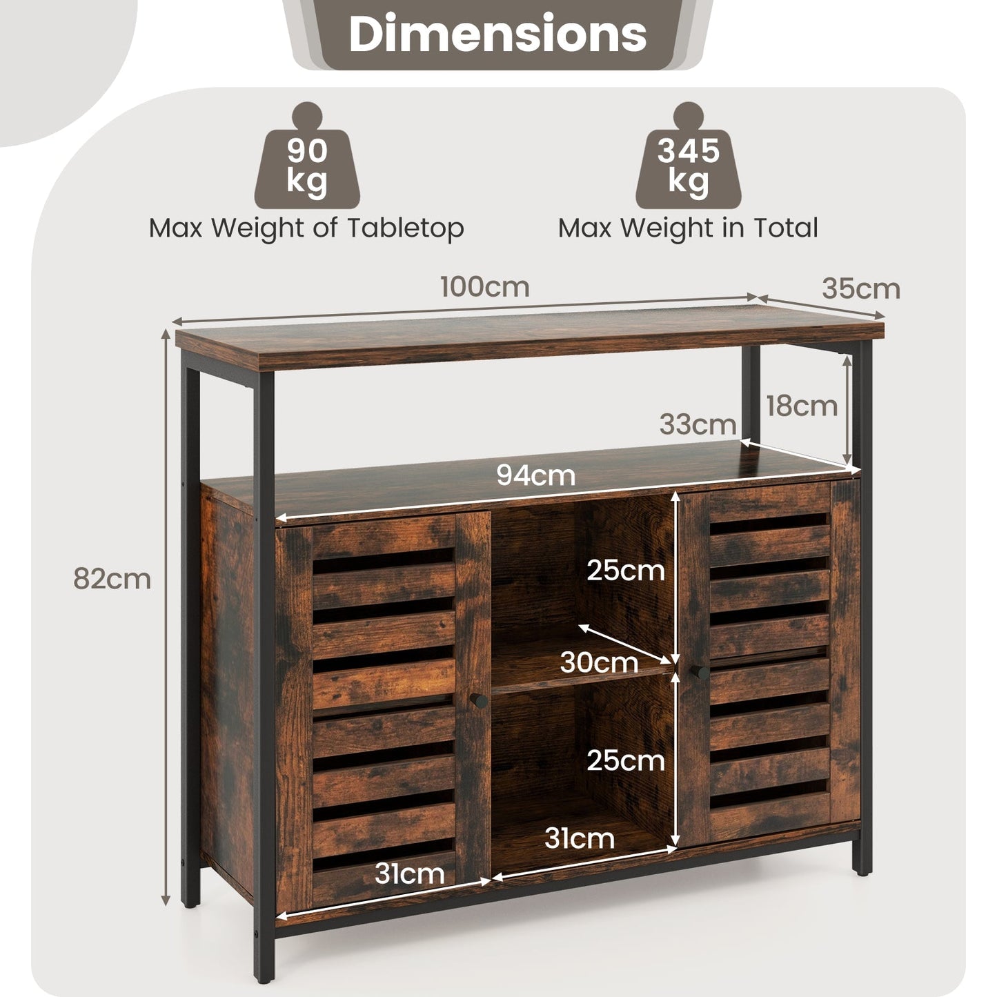 Sideboard Storage Cabinet with Slatted Door and 3 Adjustable Shelves-Rustic Brown