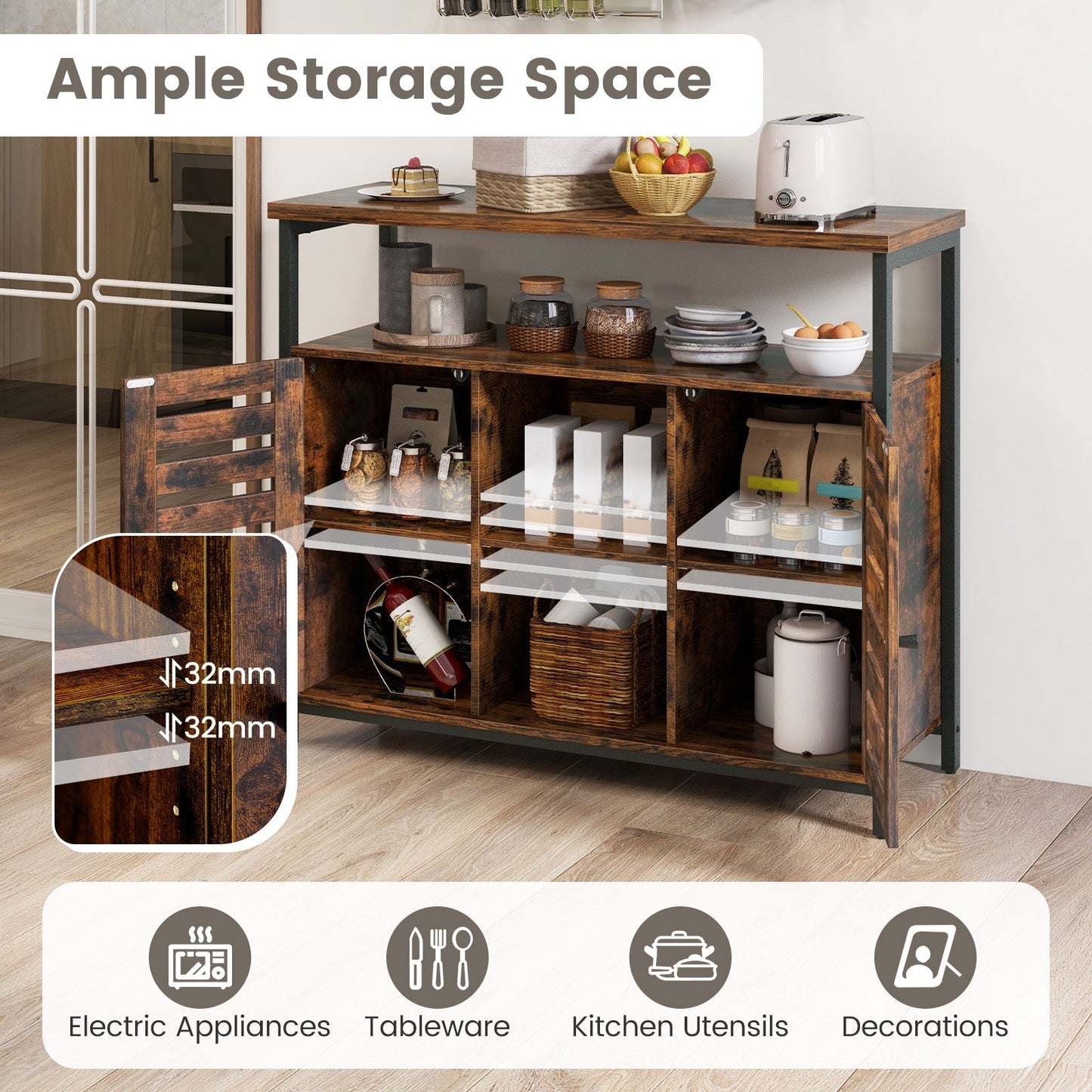 Sideboard Storage Cabinet with Slatted Door and 3 Adjustable Shelves-Rustic Brown
