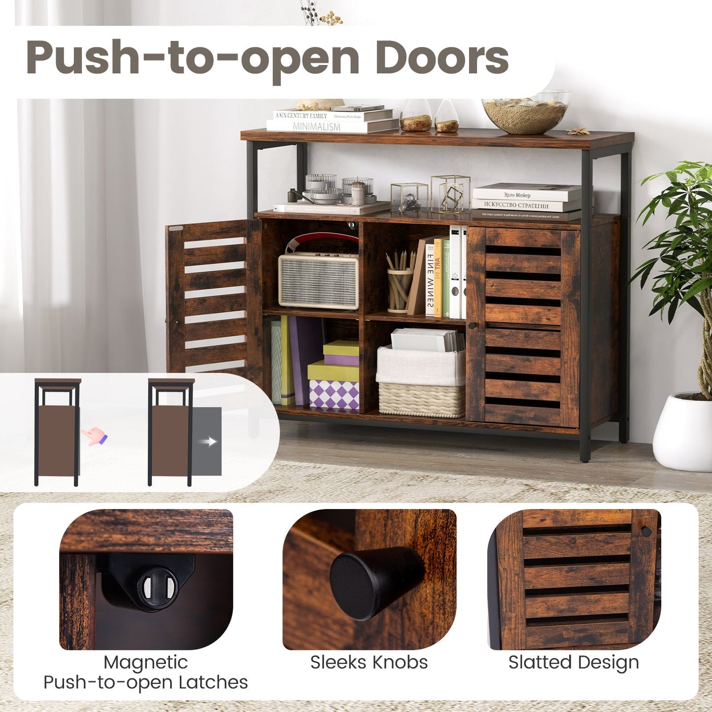 Sideboard Storage Cabinet with Slatted Door and 3 Adjustable Shelves-Rustic Brown